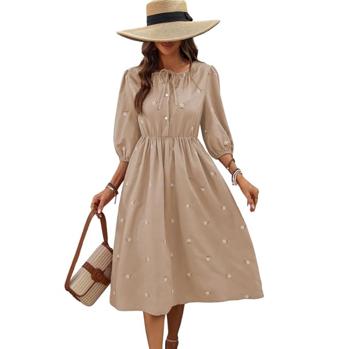 SMOWKLY Cotton Blend Women’s Casual Solid Printed Dress Mid-Length Maxi Dress