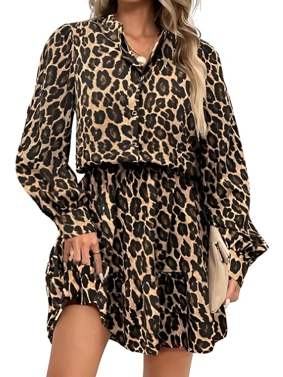 Leriya Fashion Women’s Western Shirt Dress | Long Sleeve Printed Mini Dress with Elastic Waist | Casual Button Down Short Dresses