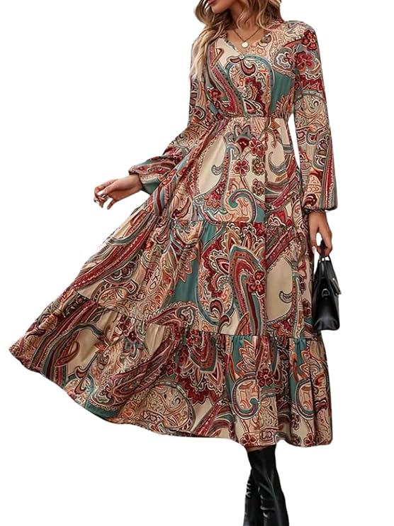 GRECIILOOKS Women’s Printed Boho Maxi Dress | Long Flared Style with Full or Puff Sleeves | Ethnic Pattern Gown for Festive, Holiday & Everyday Wear