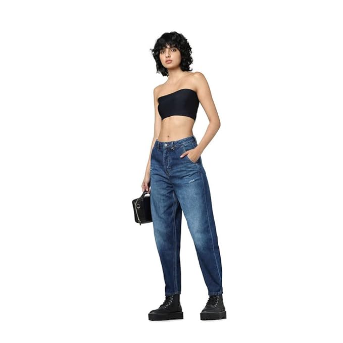 ONLY Women Relaxed Fit High-Rise Mildly Distressed Cotton Heavy Fade Stretchable Jeans