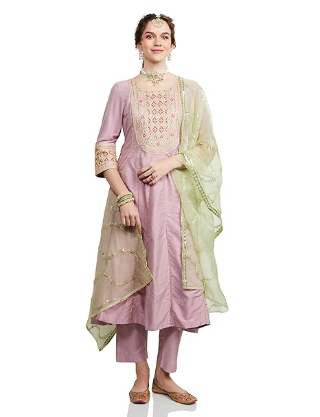 Amazon Brand – Myx Women’s Embroidered Anarkali Kurta Set with Organza Dupatta | Available in Plus Sizes