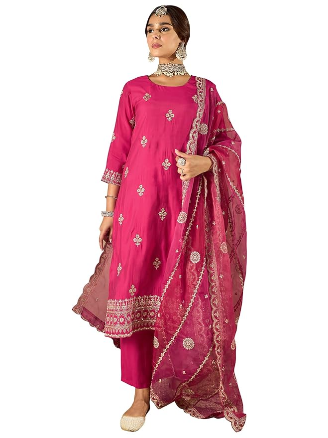 INDO ERA Women’s Silk Blend Embroidered Straight Kurta Pant with Dupatta (Iestr6307)