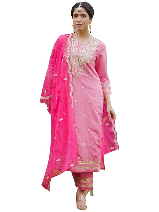 INDO ERA Womens Silk Blend Embroidered Straight Kurta Pant Dupatta Set (IESTR6615)