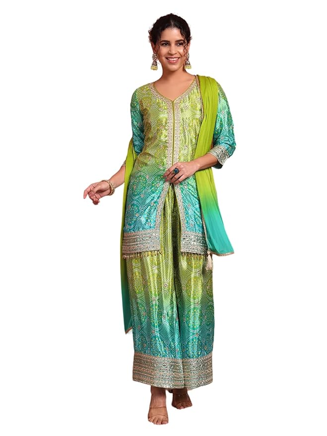 SHOPPING QUEEN Women’s Silk Blend Bandhani Kurta and Palazzo Set