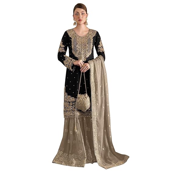 SHAFNUFAB PAKISTANI SUIT AND ANARKALI SUIT Women’s Georgette PAKISTANI SUIT SET WITH Plazzo Suit With Dupatta And Plazzo kurti with dupatta with Black2 Colour SF271-VER-25