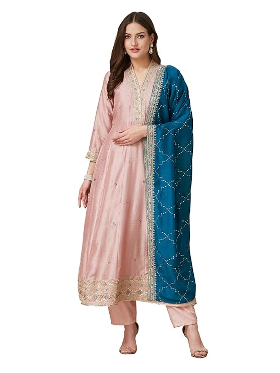 MOKOSH Women’s Silk Embroidered Kurta Pant Dupatta Set (DM-474)