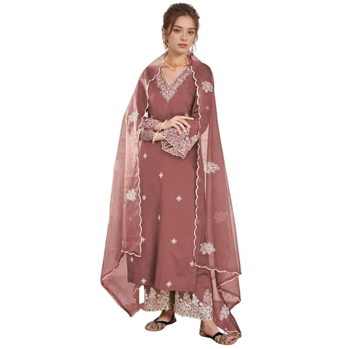SHIENZY Women’s Embroidered Chanderi Kurta Pant Set With Net Dupatta | V Neck, 3/4 Sleeve Ethnic Set | Outfit for Festive & Office Wear (1657 Kurta Set)