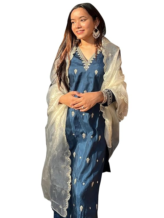 VredeVogel Women’s Silk Blend Kurta Pant Set with Organza Heavy Embroidery Dupatta | Casual Outfit Ethnic Kurta Set for Women | Modern & Traditional Blend Ethnic Wear