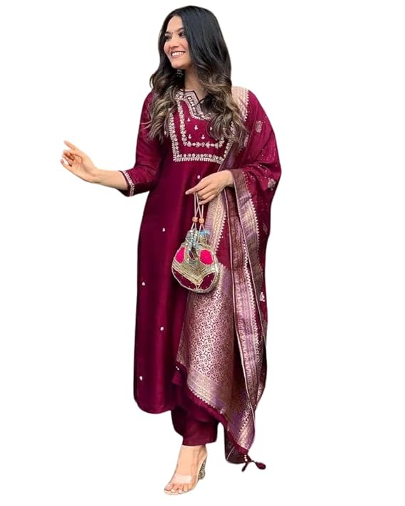 MADHAVI CRAFT CREATIONS Women’s Viscose Silk Heavy Embroidered Straight Kurta with Trouser & Banarasi Jacquard Dupatta Set