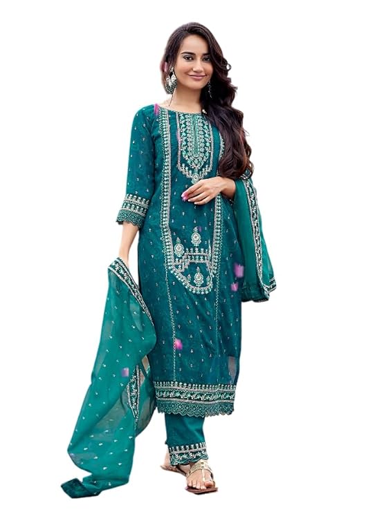 Royal Export Women’s Georgette Ethnic Motifs Embroidered Straight Kurta Pant with Dupatta, Kurta Sets for Women