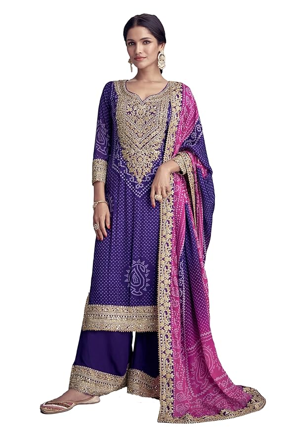 Miss Ethnik Women’s Yellow Color Chinon Embroidered Kurta Palazzo Set With Embroidered Dupatta (ME-1186-Yellow