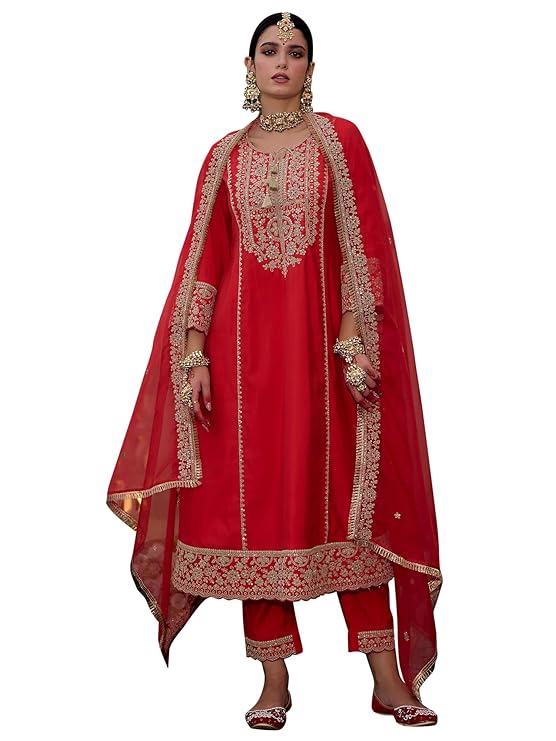INDO ERA Womens Silk Blend Embroidered A-Line Kurta Pant Dupatta Set (IEOUT6972)
