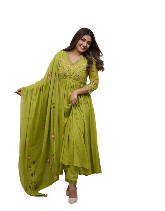Women’s Cotton Embroidered Long Anarkali Kurti with Pant and Dupatta Set