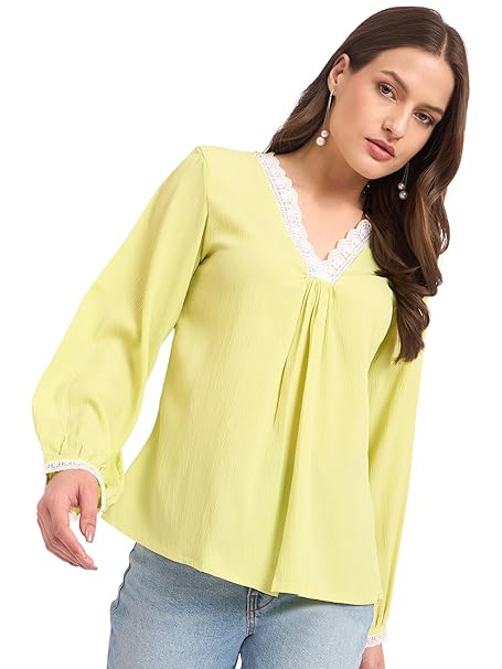 SheWill Self Design Lace A-Line Top – Stylish Ethnic & Western Tops for Women – Summer Travel Wear, Trendy Tops for Jeans, Lightweight, Comfortable, Elegant & Chic Look