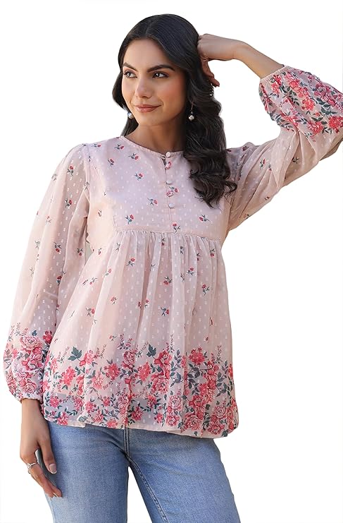 Janasya Women’s Peach Georgette Floral Print Flared Top