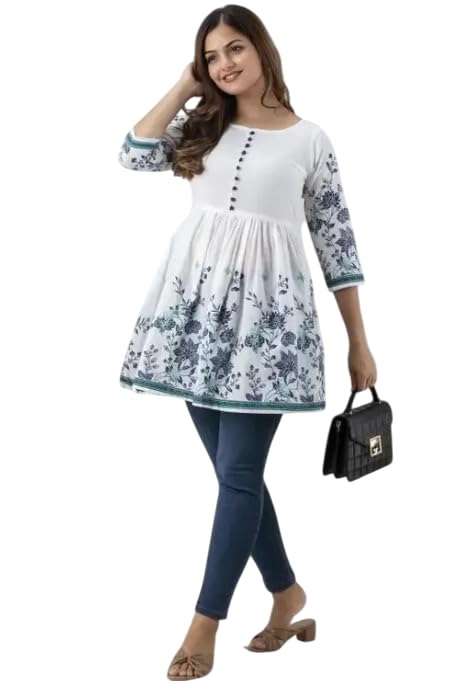 Women’s Floral Print Empire Waist Tunic Top Embroidery, 3/4 Sleeves, Button Detail Rayon