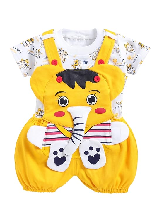 Mommy Club Baby Boy’s & Baby Girl’s Jumbo The Elephant Dungaree For 0-6Months Baby || Dress Clothes For Baby Boy And Baby Girl (Yellow, 0-18 Months)