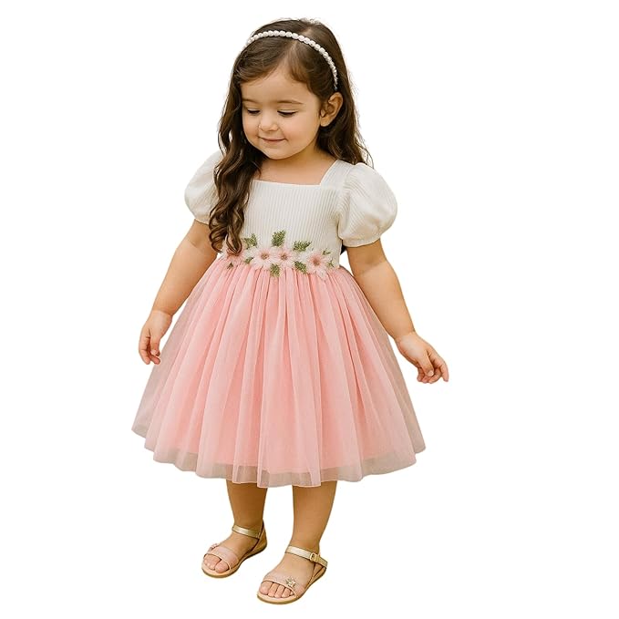 balakam Baby Girl’s Floral Print Dress with Puff Sleeves, Knee-Length Slip-On Dress in Soft Polyester Blend for Casual Wear