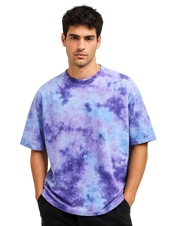 Veirdo® 100% Pure Cotton Round Neck Oversized Baggy Fit Drop Shoulder Cool & Cozy Tie & Dye Round Half Sleeve T-Shirt for Men (Sizes: S to 2XL)