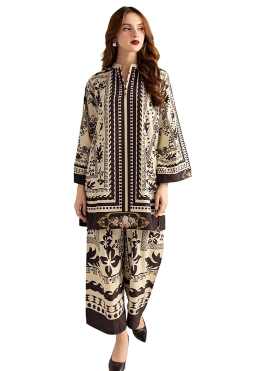 Modestouze Attires Cord Set for Women Stylish – Poly Rayon Long Sleeves Turkish Co Ord Set Mandarin Neck Floral Print Western Co Order Sets for Womens Wear as Office Coat, Travel Coord