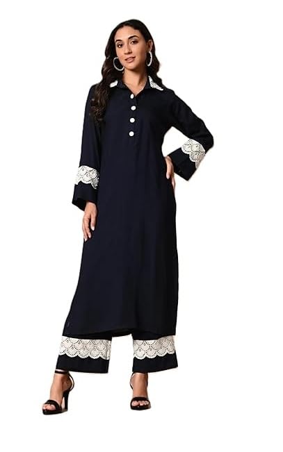 Anuom Women’s Viscose Rayon Pakistani Style Kurta with Palazzos Set With Thread Work