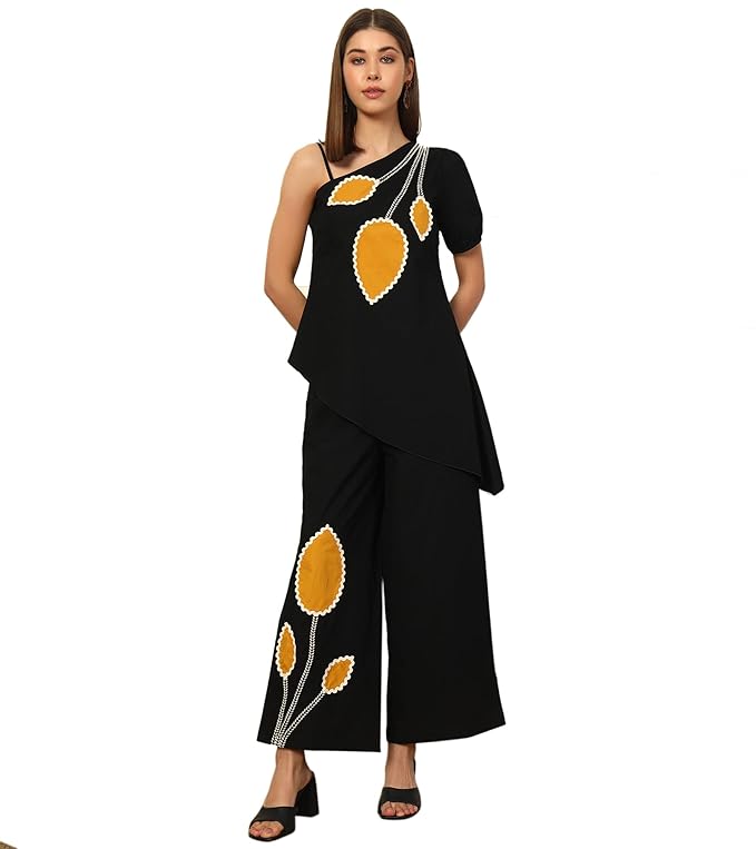 DEEBACO Solid Cotton Asymmetric Tunic With Pants Women’s Co-Ord Set|Puff Sleeves One Shoulder Long Length Regular Fit Summer Western Casual Wear Ladies Cord Set