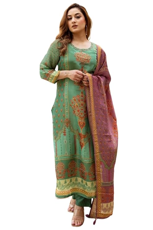 GoSriKi Women’s Rayon Viscose Straight Printed Kurta with Pant & Dupatta