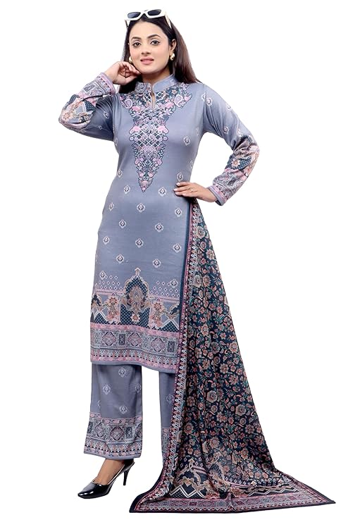 PIPASA Women’s Embroidered Printed Kurta Sets Karachi Wool Kurta Palazzo and Stole – Warm Winter Wear, Full Sleeve, Mandarin Collar RANIHAAR (Set of 3 Piece)