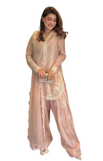 Miss Ethnic Hub’s Light Pink Color Traditional Embroidered Kurta with Farshi Pant and Dupatta Set, Long Sleeves