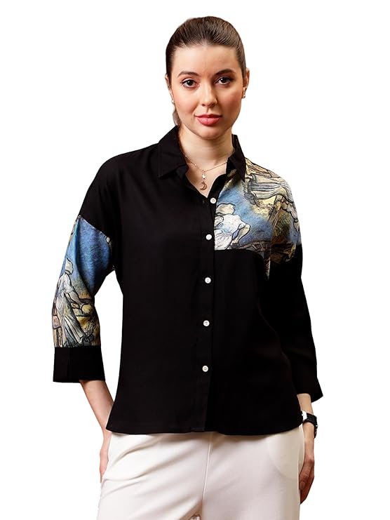 ATHENA LIFESTYLE Black Cuffed Sleeves Geometric Casual Top