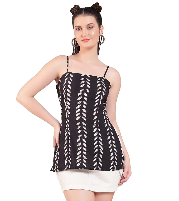 DEEBACO Leaf Print Rayon Back Detailing Top for Women’s|Shoulder Straps Regular Fit High Hip Length Gen Z Aesthetic Summer Vibes Western Party Casual Wear Trendy Top