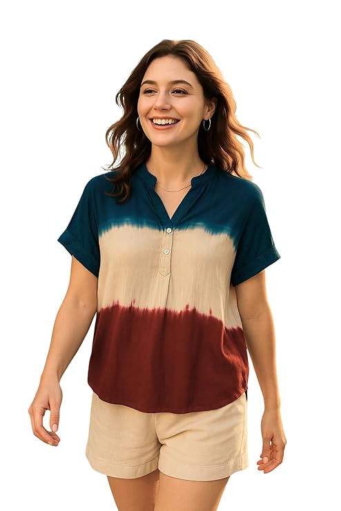 Maaesa Women Multicolor Handcrafted Tie-Dye Rayon Loose Fit Top | Mandarin Collar | Short Sleeves | Lightweight & Breathable Fabric | Casual Wear & Office Wear