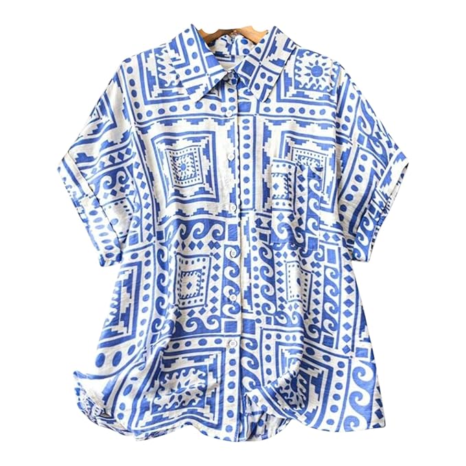 Gufrina Women’s Polyester Shirt with Pocket Half Raglan Sleeves Spread Collar Neck Geometric Printed Relaxed Fit and Standard Length