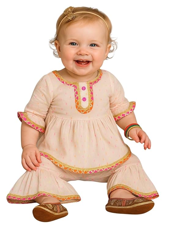A.T.U.N. (ALL THINGS UBER NICE) Baby Girls Neon Swiss dot Kurti in Gota Lacework with Sharara Set | Comfortable Cotton Ethnic Clothing Set