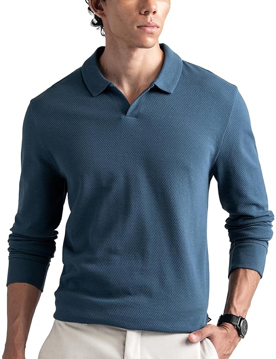 DAMENSCH Statement Waffle Johnny Collar Full Sleeve Polo with Premium Cotton Blend, Waffle Texture, Colours by High-IQ Dyes Heavy Weight Fabric T-Shirt for Men
