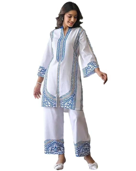 Crally Women’s White and Blue Digital Print Rayon Cord Set | Stylish Girls Co-ord set | Pakistani Style Cord Set For Women