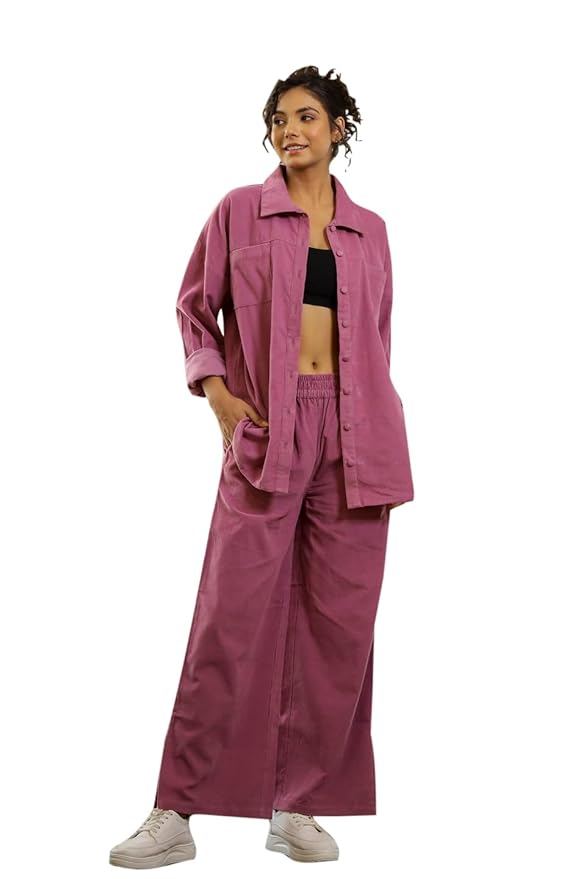 SAY Women’s Cotton Blend Solid Shirt and Trousers Co-ord Set | Two-Piece Outfits for Night Wear