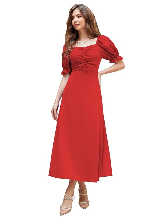Shasmi Girl’s & Women’s Solid A-Line Ruched Puff Sleeve Maxi Long Evening One Piece Long Dress for Women Stylish (Dress 131)