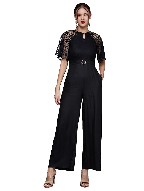 Miss Chase Women’s Round Neck Flared Sleeve Floral Regular Jumpsuit with Pockets
