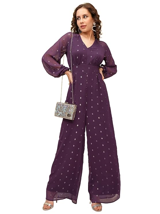 Tokyo Talkies Women’s Long Sleeves V-Neck Self Design Jumpsuit |Stylish | Casual