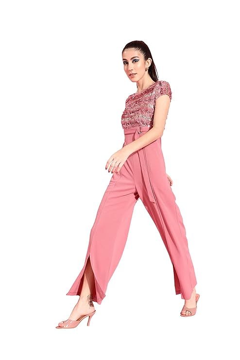 Miss Chase Women’s Round Neck Short Sleeve Embellished Front Slit Fringed Regular Jumpsuit with Pockets