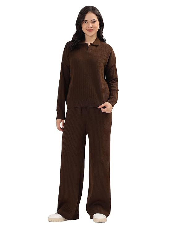 Kvetoo Winter Cord Set for Women Ribbed Knit Tracksuit Pajama Set Two Piece Travel Wear with Collar Polo Sweater Top and Wide Leg Pant