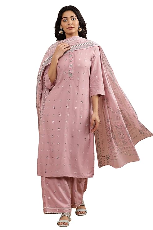 W for Woman W Women Purple Festive Floral Print Viscose Straight Kurta set with Parallel Pant & Dupatta