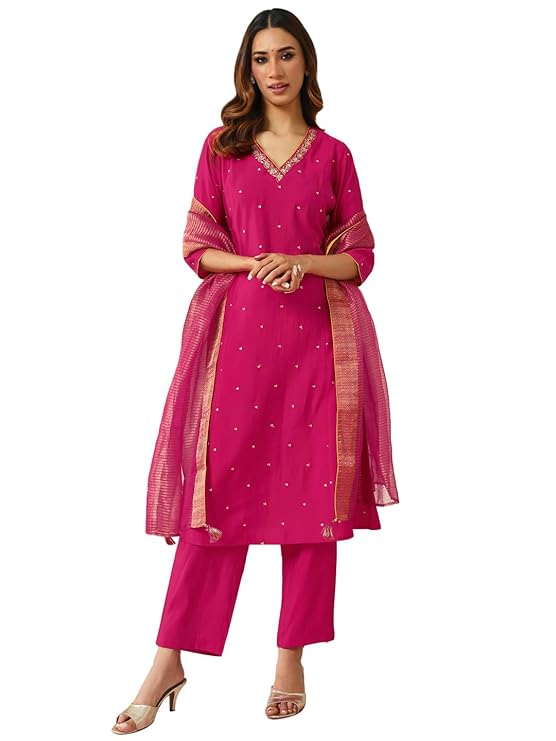FIORRA Women’s Pink Chanderi A-line Kurta with Pant and Dupatta