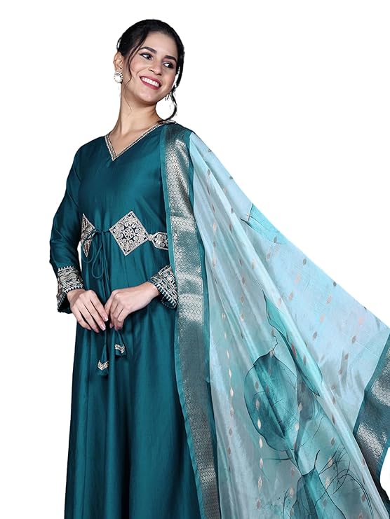EthnicJunction Women’s Cotton Silk Embroidered Anarkali Kurta Palazzo with Digital Print Dupatta Set