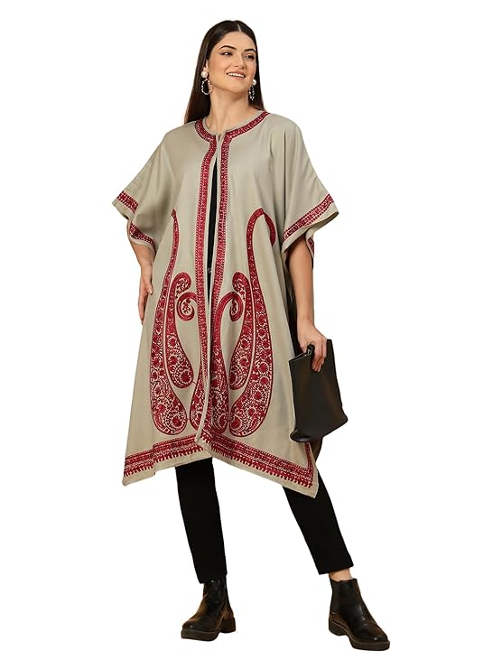 Zamour Kashmiri Aari Embroidered Pheran Shrug for Women with Royal Paisleys Design, Handcrafted Woolen Poncho