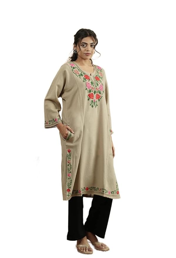 Zamour Traditional Kashmiri Pheran, Loose Kurta with Colorful Floral Aari Embroidery, Long Sleeve Winter Wear