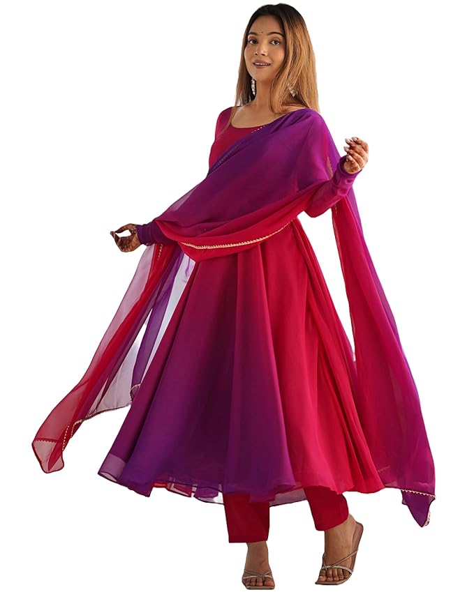 GoSriKi Women’s Georgette Anarkali Kurta Set with Dupatta | Elegant Pink Ethnic Dress | Flared Long Kurti for Festive