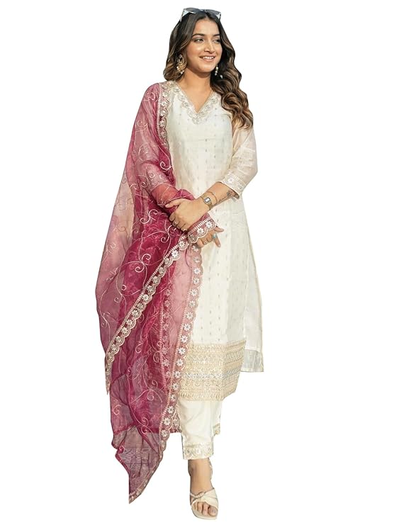 VredeVogel Women’s Chanderi Silk Embroidered Kurta with Pant & Organza Dupatta Set | Casual Outfit Ethnic Kurta Set for Women | Modern & Traditional Blend Ethnic Wear