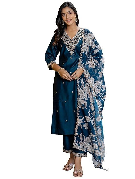 VredeVogel Kurta Set with Dupatta | Embroidered Viscose Rayon Kurta Pant Set for Women | Women’s Ethnic Casual Kurti Set